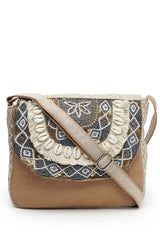 Boho Camel Brown And Gold Ethnic Embellished Cotton Jacquard Sling Bag