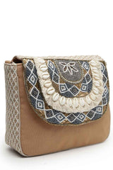 Boho Camel Brown And Gold Ethnic Embellished Cotton Jacquard Sling Bag