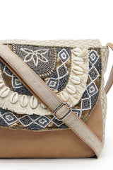 Boho Camel Brown And Gold Ethnic Embellished Cotton Jacquard Sling Bag