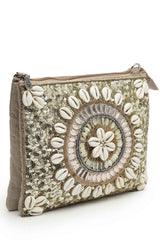 Boho Camel Brown And Gold Seashell Embellished Cotton Jacquard Sling Bag