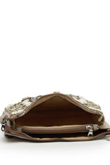 Boho Camel Brown And Gold Seashell Embellished Cotton Jacquard Sling Bag