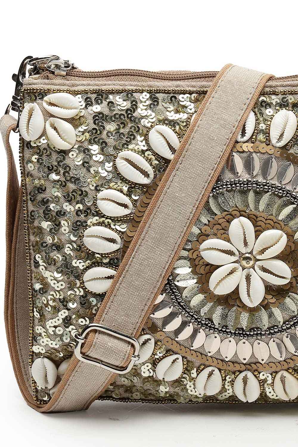 Boho Camel Brown And Gold Seashell Embellished Cotton Jacquard Sling Bag