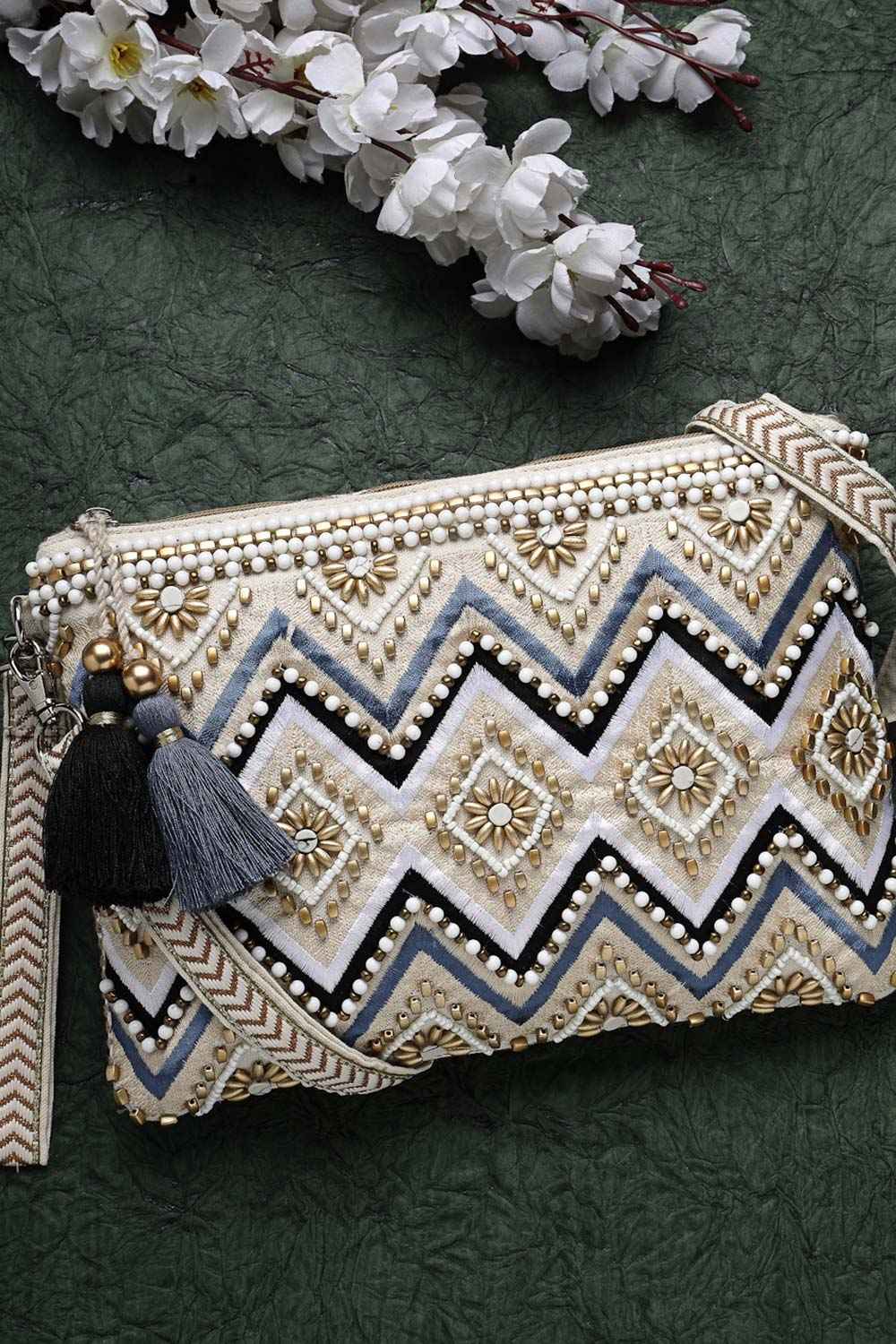 Boho Cream And Gold Chevron Embellished Cotton Jacquard Sling Bag