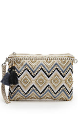 Boho Cream And Gold Chevron Embellished Cotton Jacquard Sling Bag