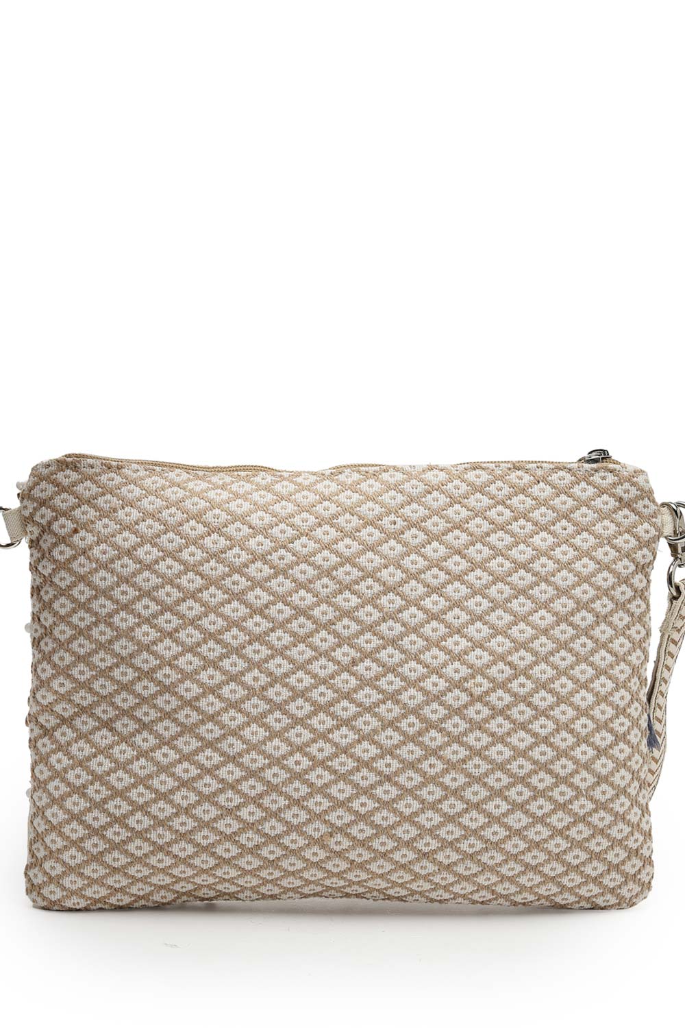 Boho Cream And Gold Chevron Embellished Cotton Jacquard Sling Bag