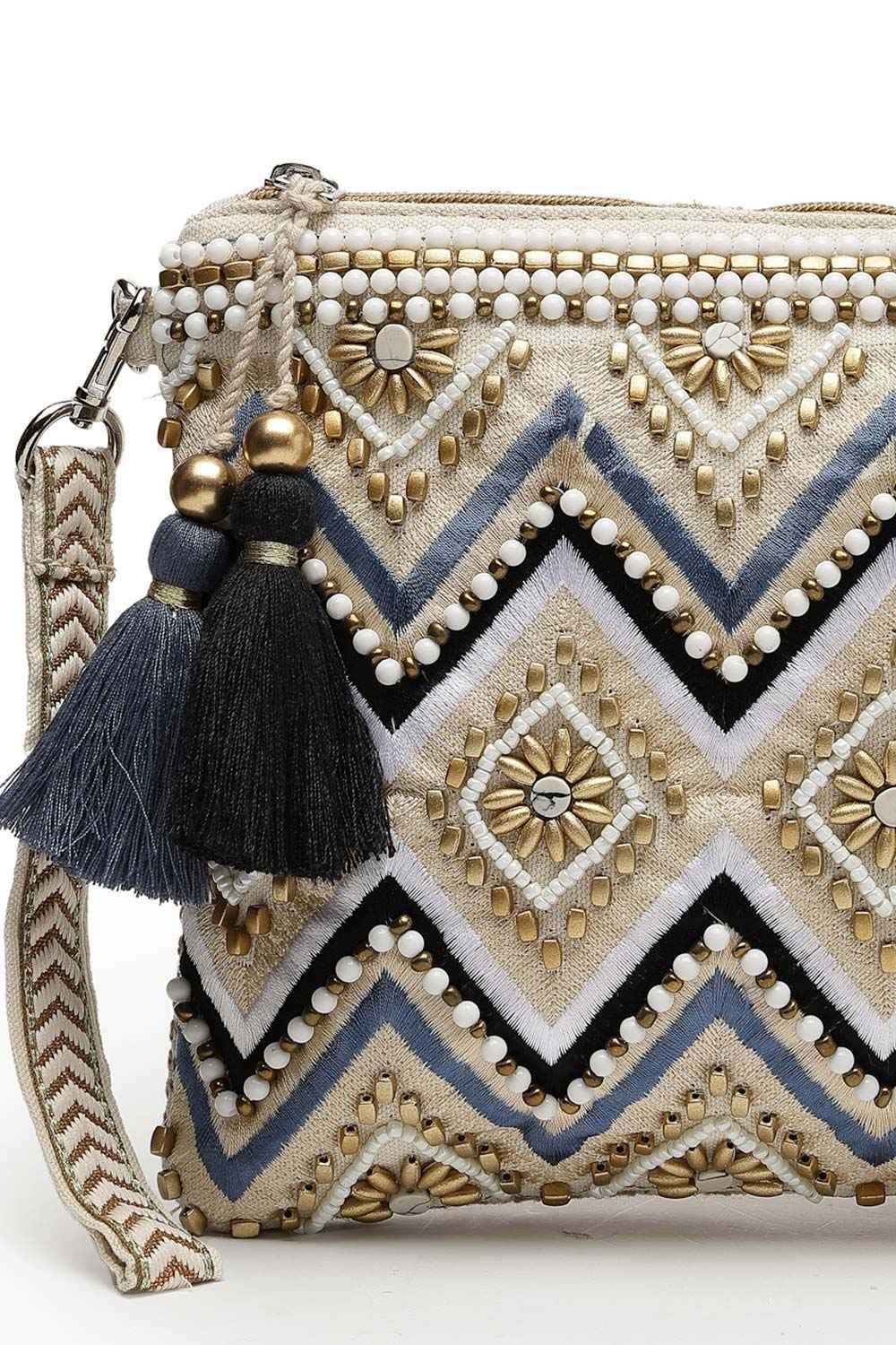 Boho Cream And Gold Chevron Embellished Cotton Jacquard Sling Bag