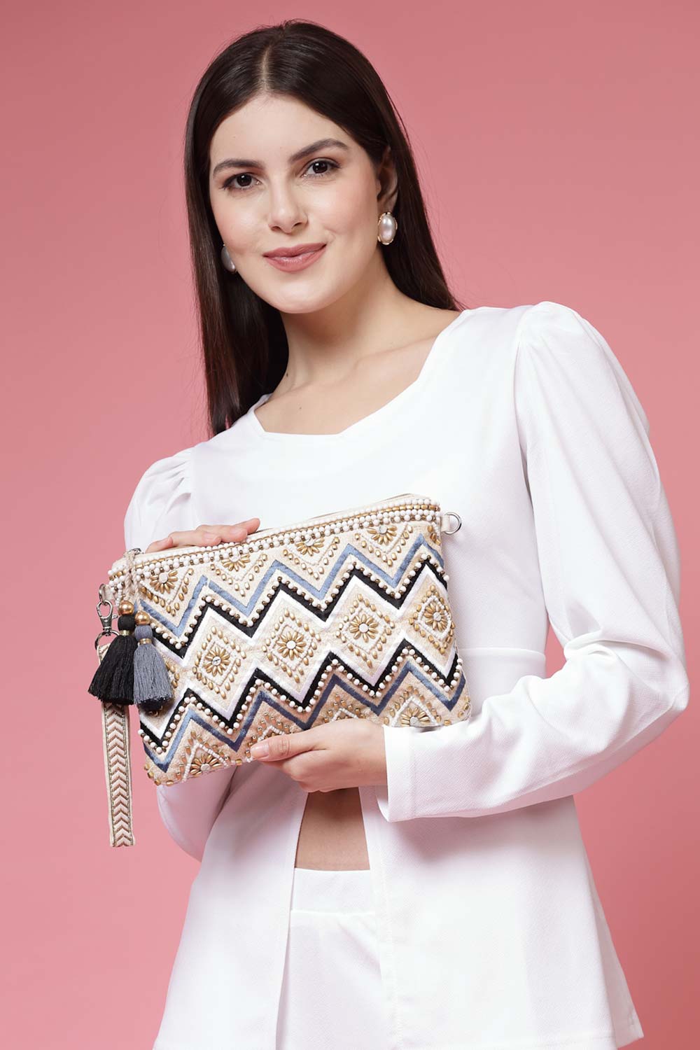 Boho Cream And Gold Chevron Embellished Cotton Jacquard Sling Bag