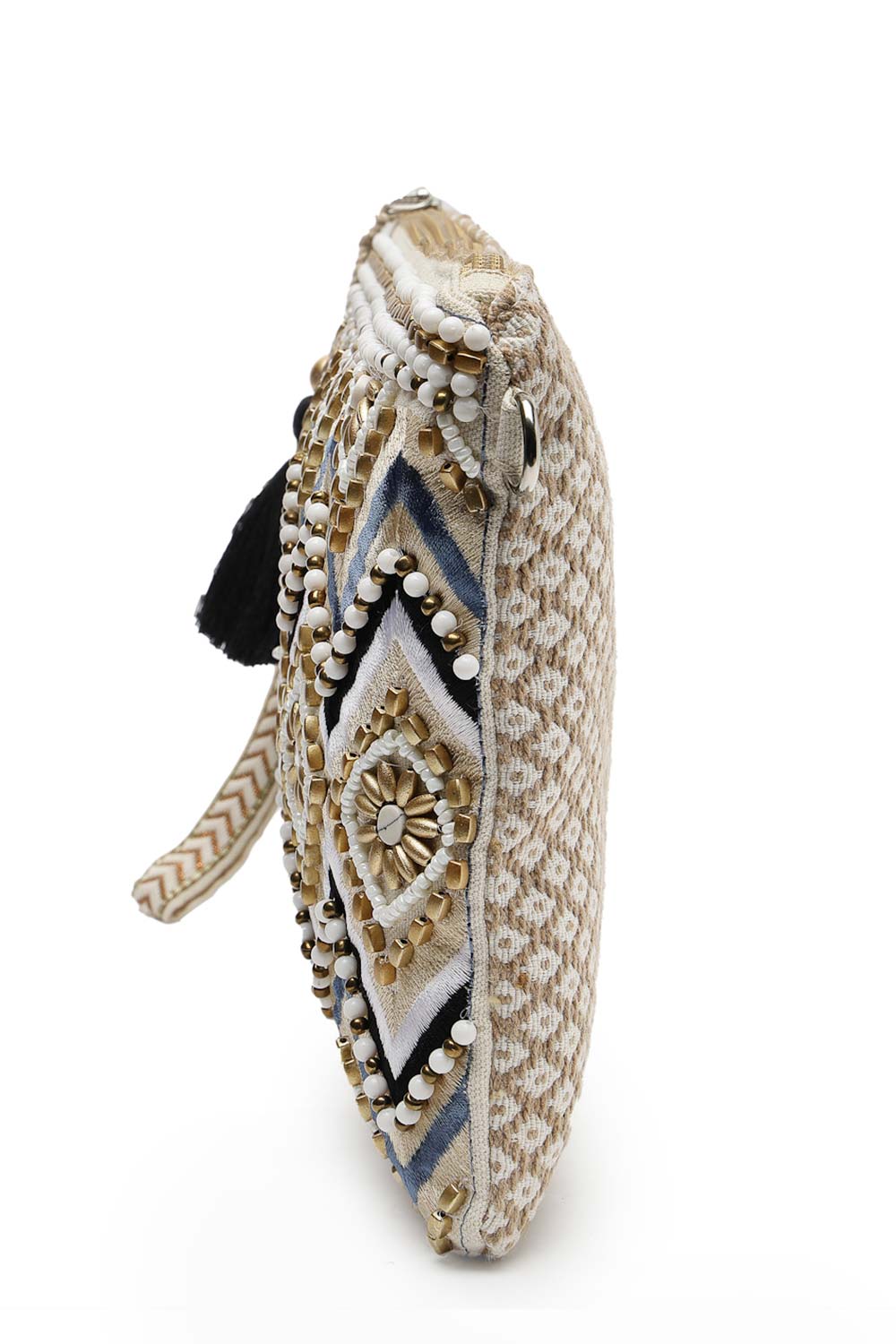 Boho Cream And Gold Chevron Embellished Cotton Jacquard Sling Bag