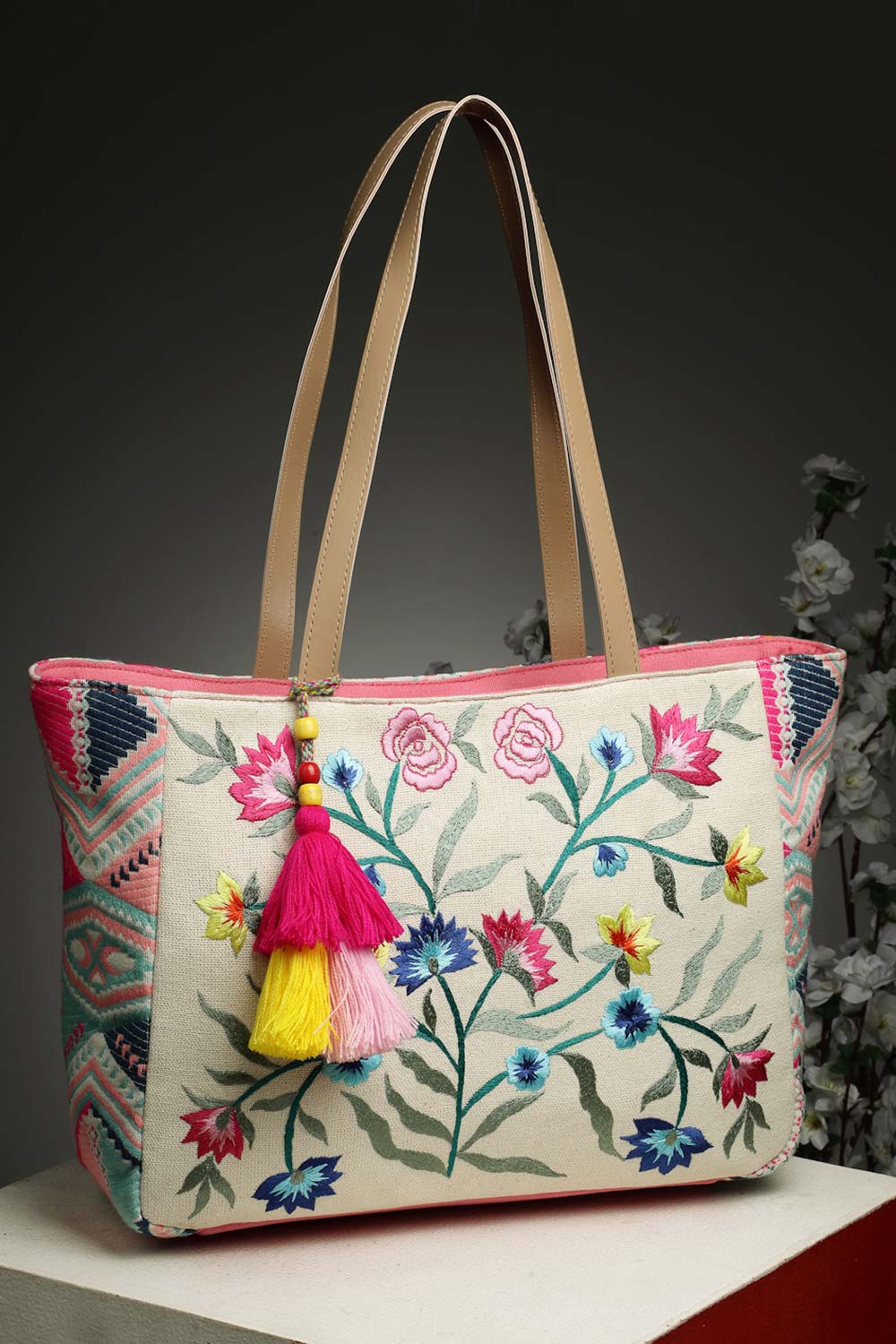 Lush Beige And Multi Floral Embroidered Cotton Jacquard Tote Bag