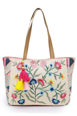 Lush Beige And Multi Floral Embroidered Cotton Jacquard Tote Bag