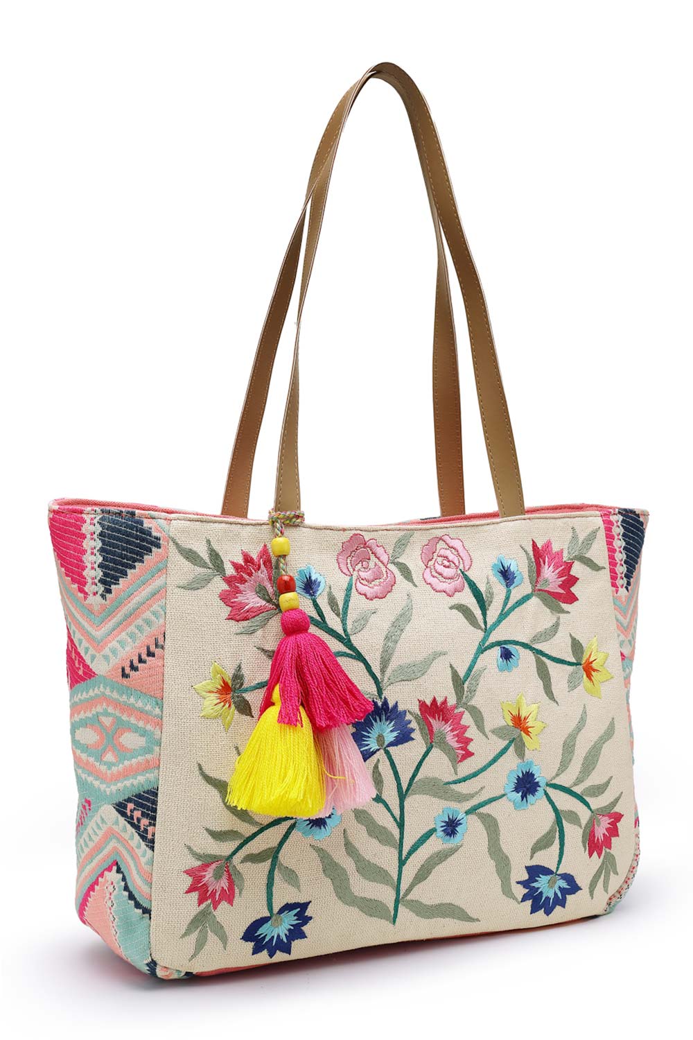 Lush Beige And Multi Floral Embroidered Cotton Jacquard Tote Bag