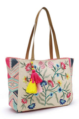 Lush Beige And Multi Floral Embroidered Cotton Jacquard Tote Bag