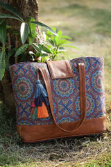 Tribal Navy And Tan Mandala Printed Polycotton Tote Bag