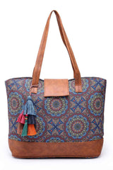 Tribal Navy And Tan Mandala Printed Polycotton Tote Bag