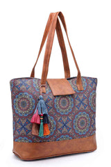 Tribal Navy And Tan Mandala Printed Polycotton Tote Bag