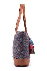 Tribal Navy And Tan Mandala Printed Polycotton Tote Bag