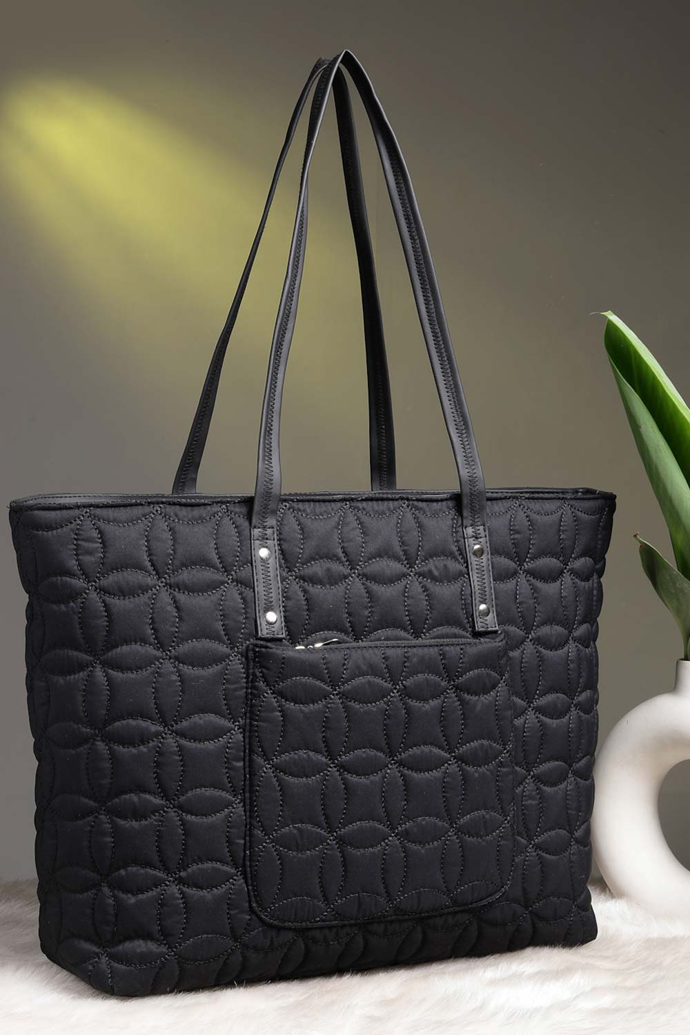 Black Maple Leaf Quilted Polyester Tote Bag