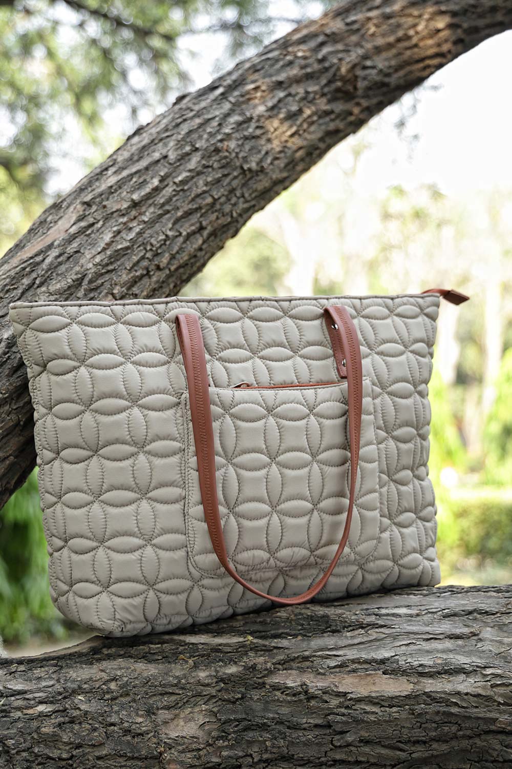 Beige Maple Leaf Quilted Polyester Tote Bag