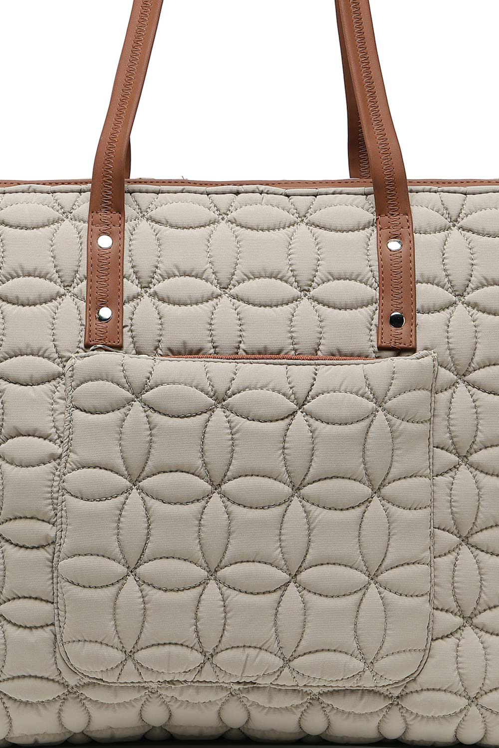 Beige Maple Leaf Quilted Polyester Tote Bag