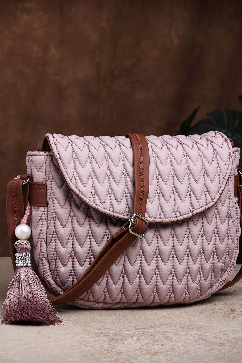 Dusty Pink & Tan Chevron Quilted Polyester Sling Bag