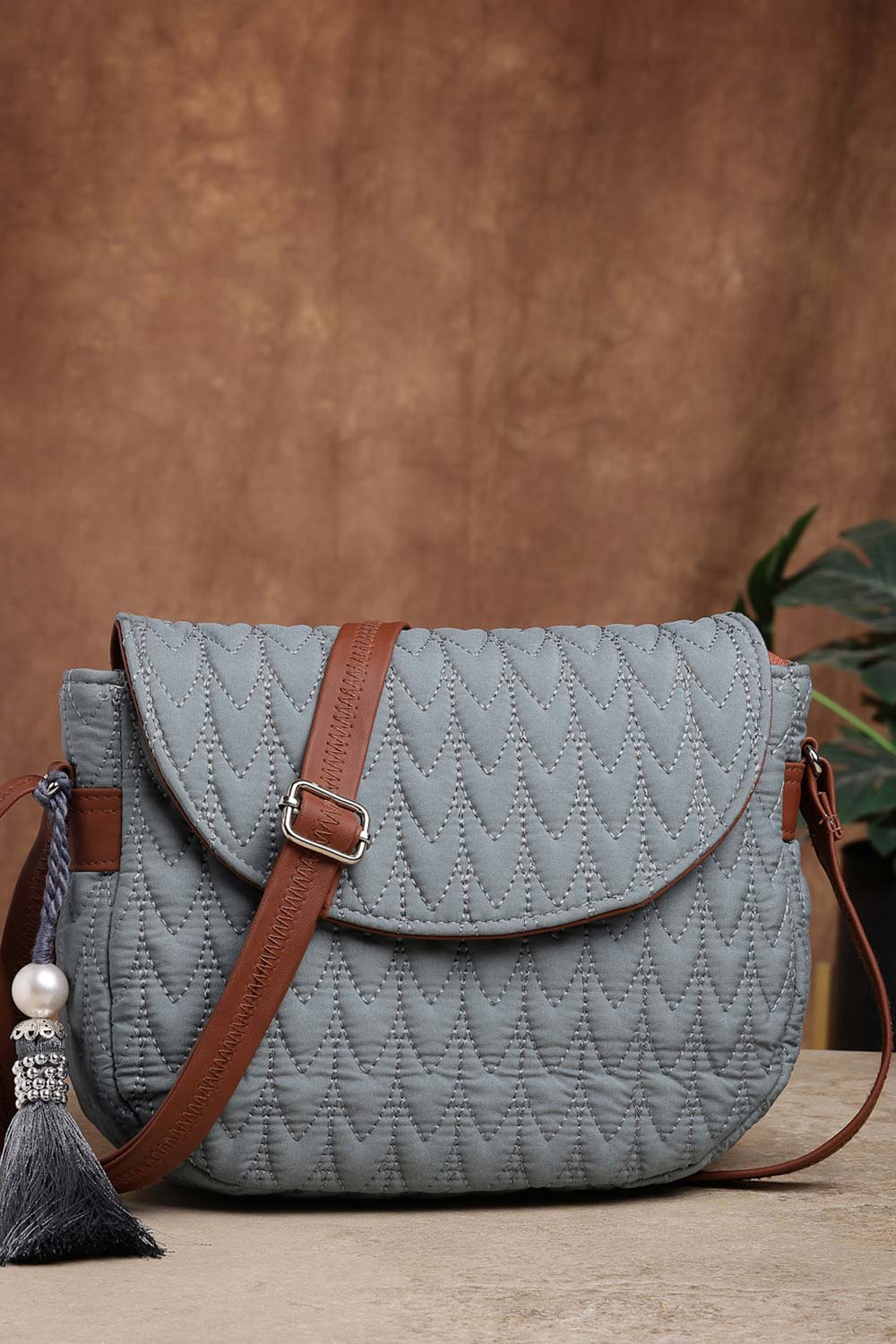 Teal & Tan Chevron Quilted Polyester Sling Bag