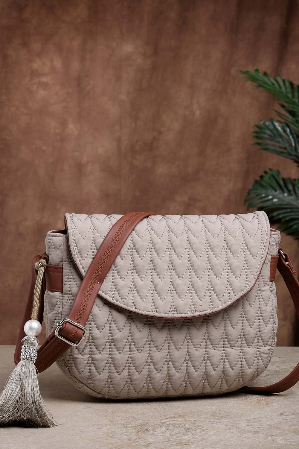 Beige & Tan Chevron Quilted Polyester Sling Bag