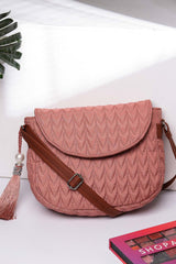 Coral And Tan Polyester And Vegan Leather Chevron Quilted Sling Bag