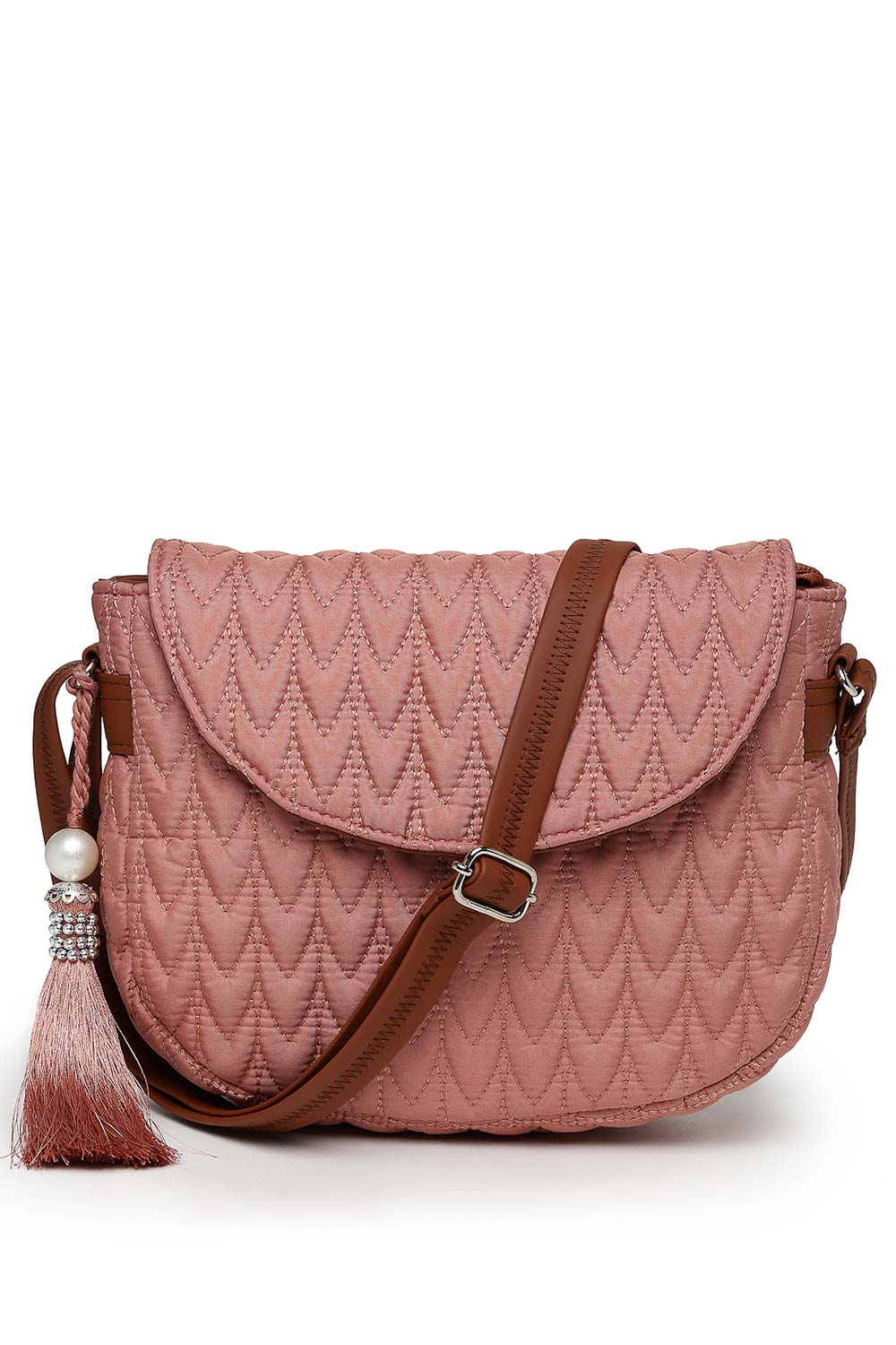 Coral And Tan Polyester And Vegan Leather Chevron Quilted Sling Bag