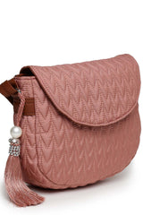 Coral And Tan Polyester And Vegan Leather Chevron Quilted Sling Bag