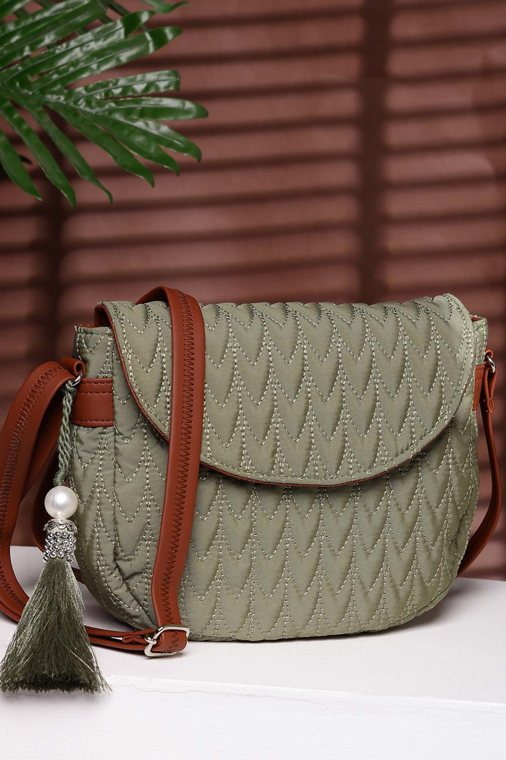 Olive Green And Tan Polyester And Vegan Leather Chevron Quilted Sling Bag