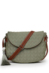 Olive Green And Tan Polyester And Vegan Leather Chevron Quilted Sling Bag