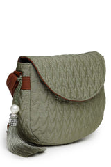 Olive Green And Tan Polyester And Vegan Leather Chevron Quilted Sling Bag