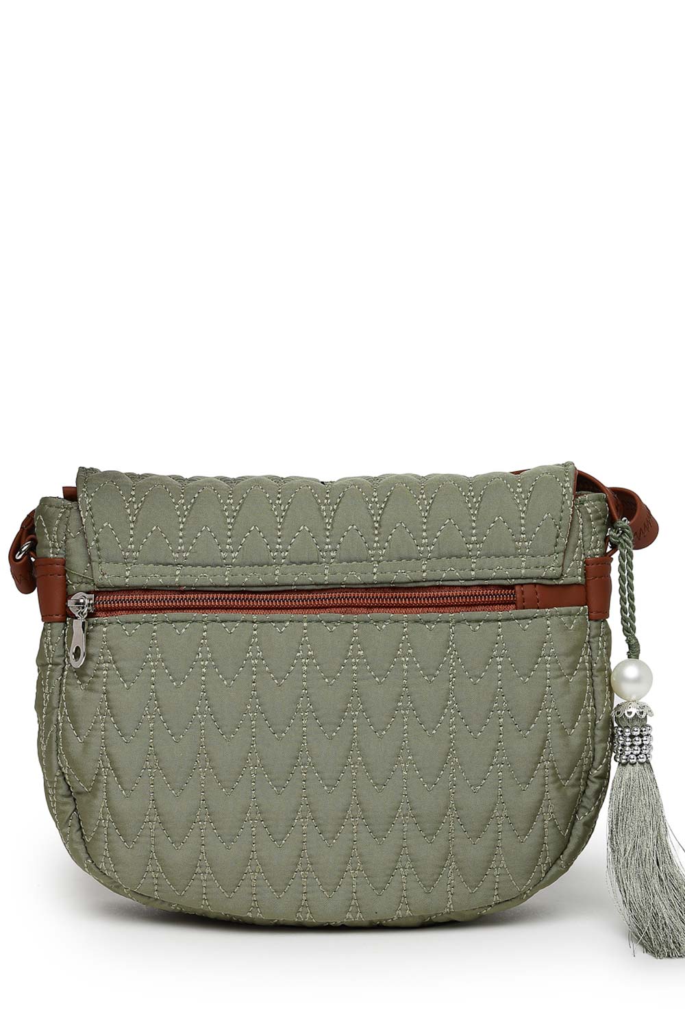 Olive Green And Tan Polyester And Vegan Leather Chevron Quilted Sling Bag