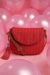 Red Chevron Quilted Polyester & Vegan Leather Sling Bag