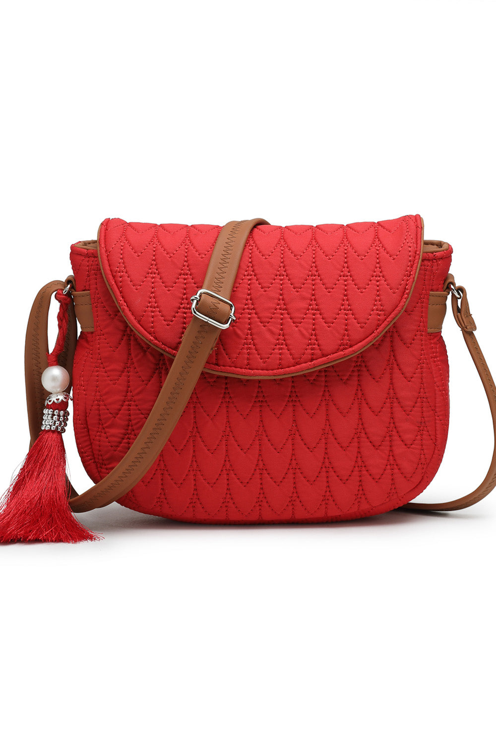 Red Chevron Quilted Polyester & Vegan Leather Sling Bag