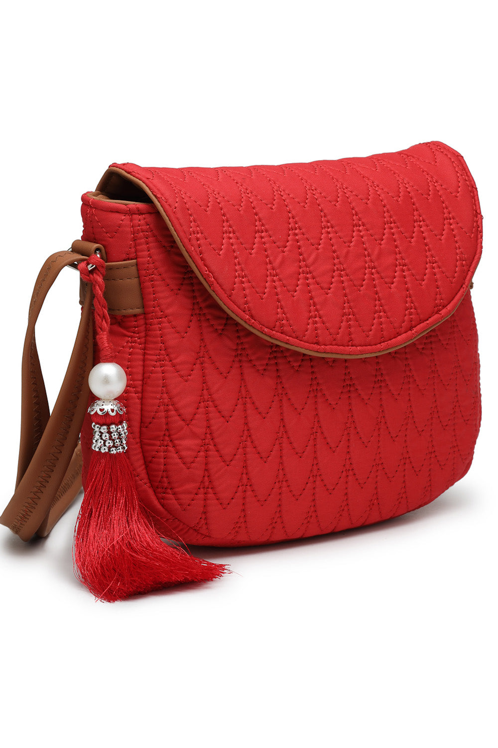 Red Chevron Quilted Polyester & Vegan Leather Sling Bag