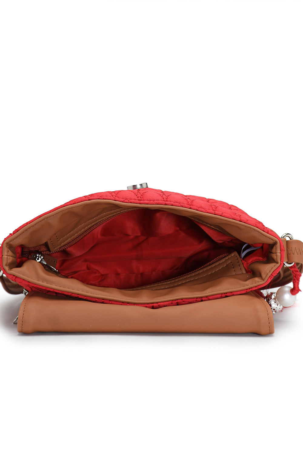 Red Chevron Quilted Polyester & Vegan Leather Sling Bag