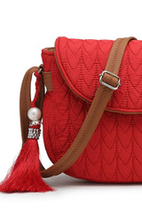 Red Chevron Quilted Polyester & Vegan Leather Sling Bag