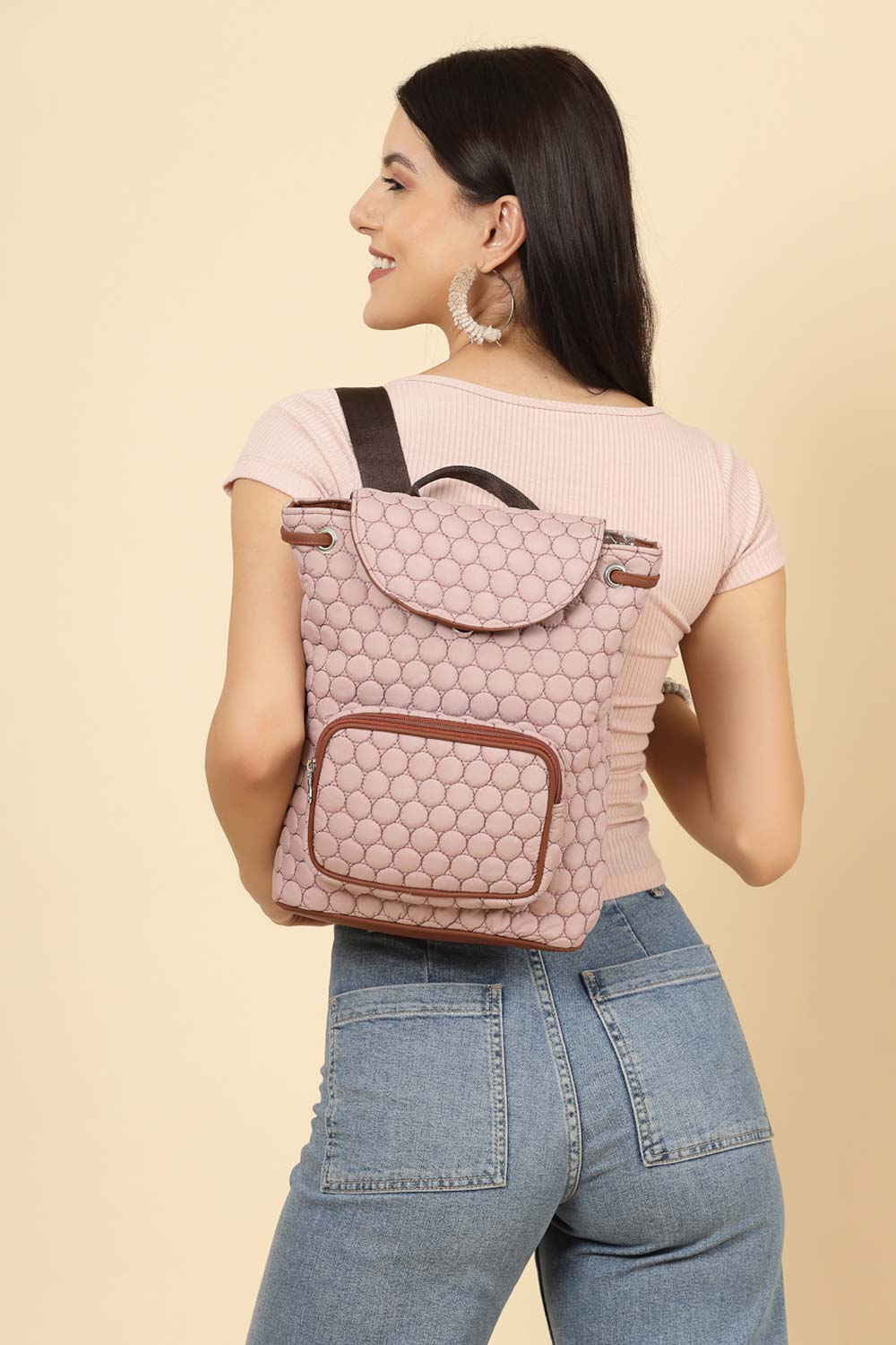 Dusty Pink Geometric Quilted Polyester Backpack Bag