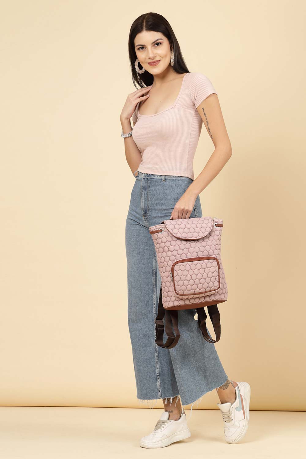 Dusty Pink Geometric Quilted Polyester Backpack Bag