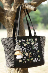 Lush Black And Beige Floral Embroidered Cotton Jacquard Tote Bag