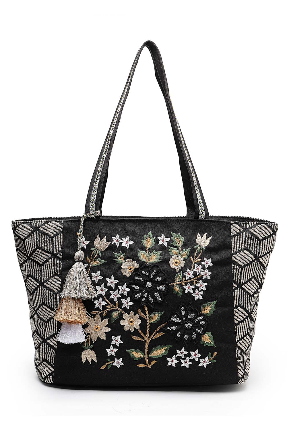 Lush Black And Beige Floral Embroidered Cotton Jacquard Tote Bag