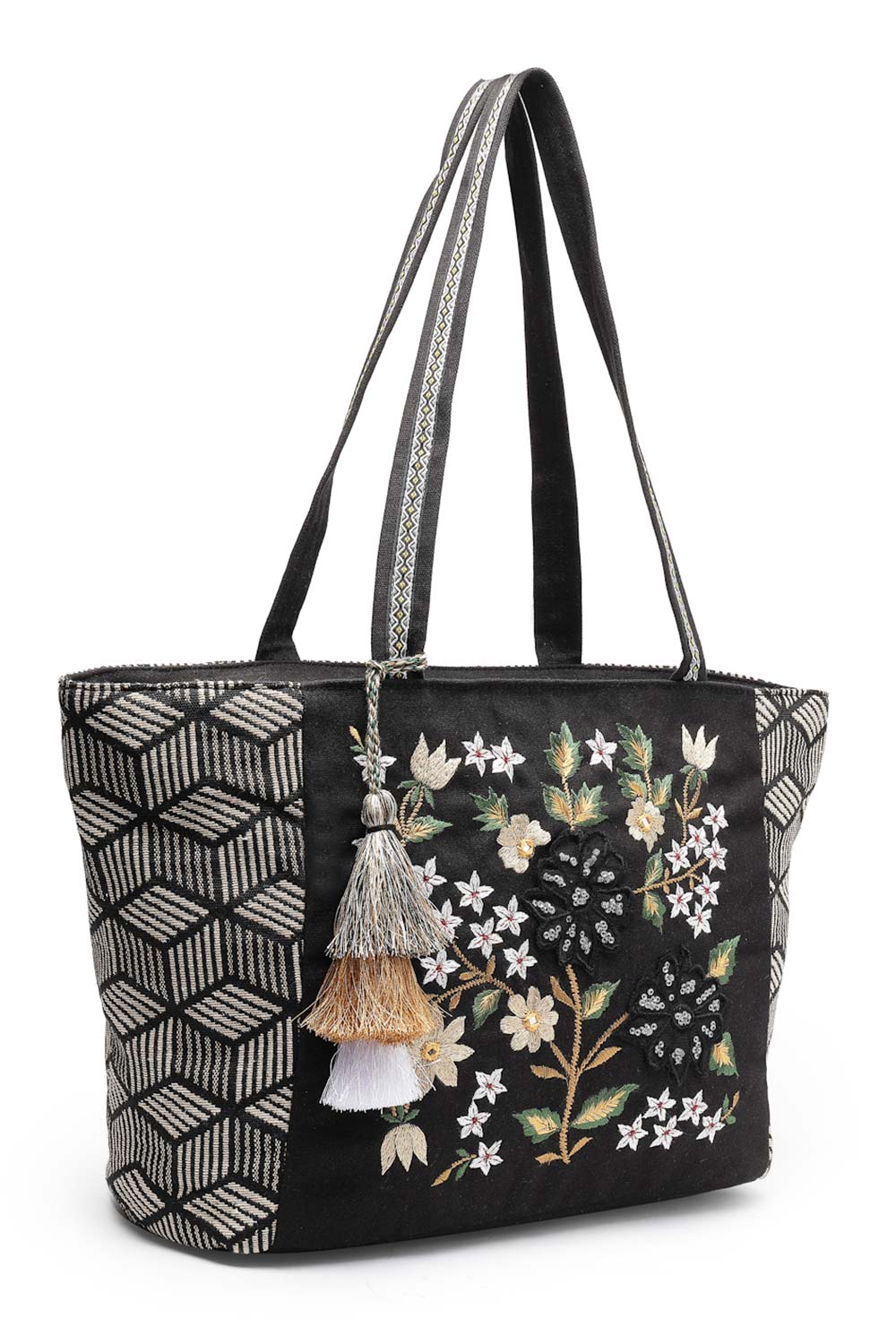 Lush Black And Beige Floral Embroidered Cotton Jacquard Tote Bag