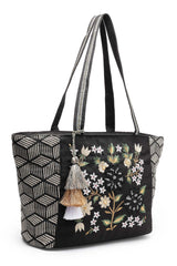 Lush Black And Beige Floral Embroidered Cotton Jacquard Tote Bag