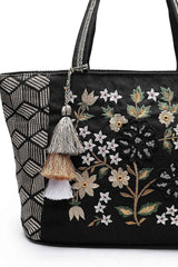 Lush Black And Beige Floral Embroidered Cotton Jacquard Tote Bag