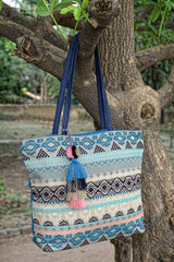 Geomat Turquoise Blue And Multi Ethnic Cotton Jacquard Tote Bag