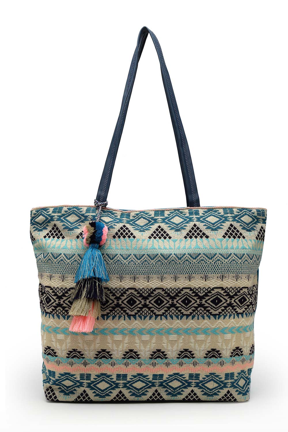 Geomat Turquoise Blue And Multi Ethnic Cotton Jacquard Tote Bag