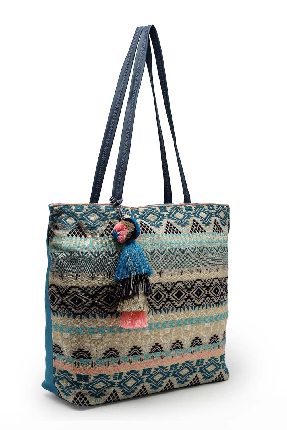 Geomat Turquoise Blue And Multi Ethnic Cotton Jacquard Tote Bag