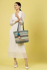 Geomat Turquoise Blue And Multi Ethnic Cotton Jacquard Tote Bag