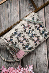 Kooky Beige And Multi Floral Embellished Handloom Cotton Canvas Sling Bag